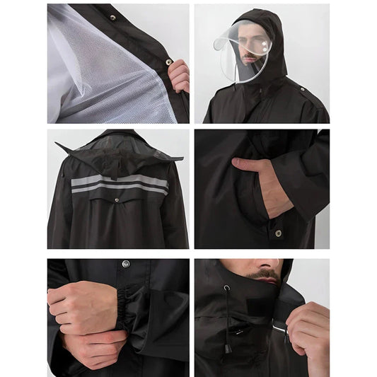 Men's long waterproof raincoat in black, made from premium Oxford cloth with a thick lining for warmth and protection against rain and wind.