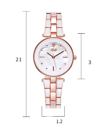 Trendha Ladies Watch with a sleek 30mm dial, screw-down crown, and stainless steel strap in a stylish white and rose gold colour scheme