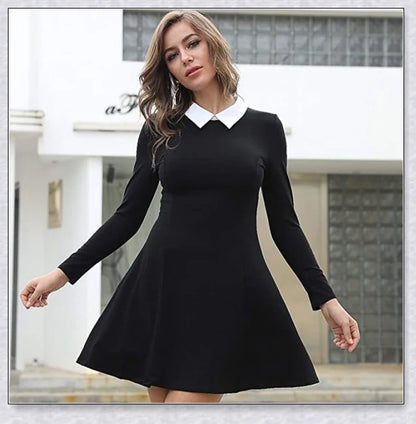 Elegant long-sleeved Peter Pan collar dress in multiple colours, perfect for Halloween or casual wear