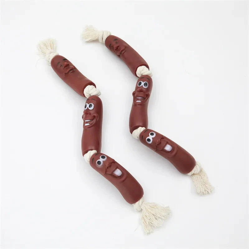 A durable cotton rope and vinyl sausage chew toy for pets, designed to provide interactive play and promote dental health.
