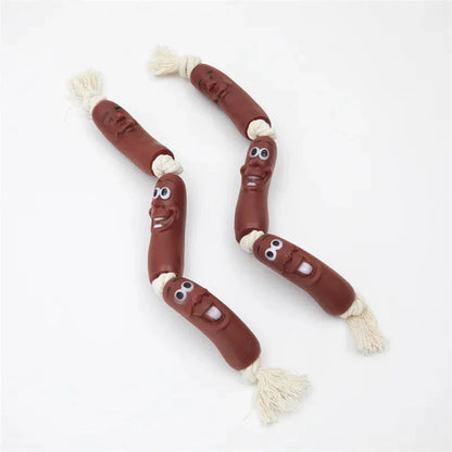 A durable cotton rope and vinyl sausage chew toy for pets, designed to provide interactive play and promote dental health.