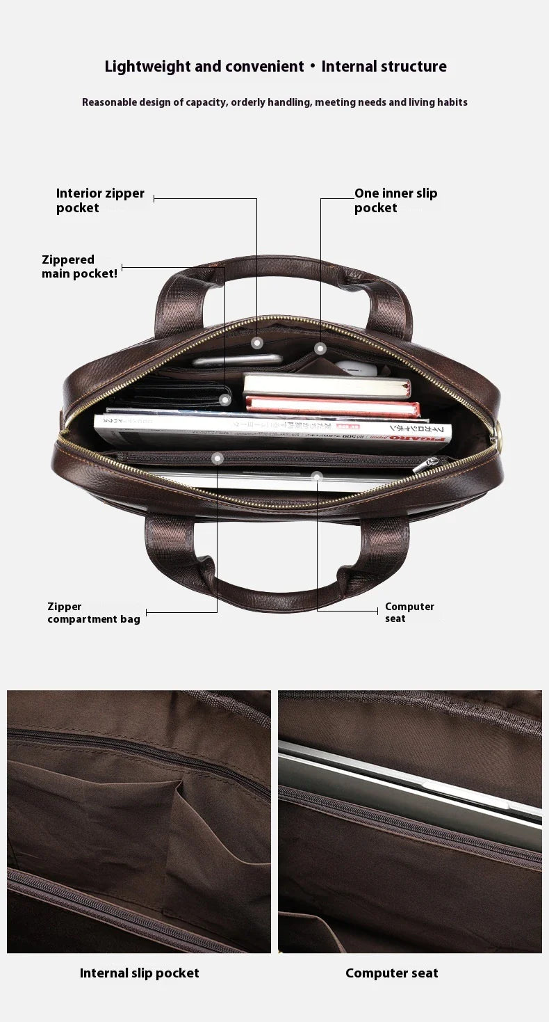 Men's genuine leather briefcase in dark coffee colour, featuring a spacious interior and adjustable shoulder strap for versatile carrying