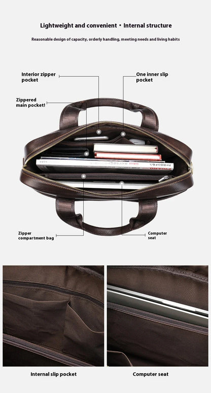 Men's genuine leather briefcase in dark coffee colour, featuring a spacious interior and adjustable shoulder strap for versatile carrying