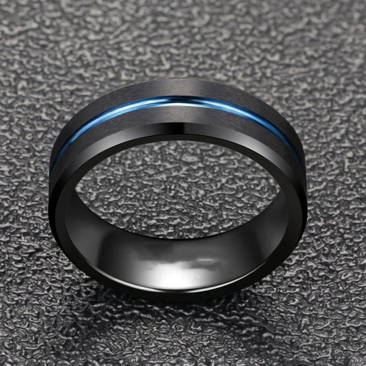 Sleek and stylish men's fashion ring made of durable tungsten steel with a classic black electroplated finish