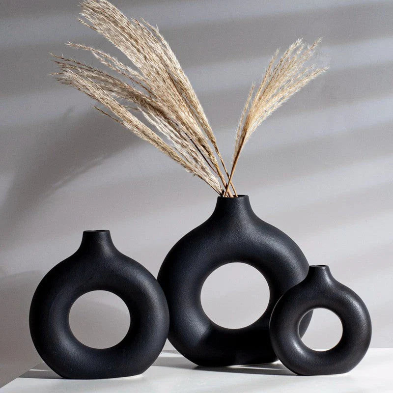 Circular Hollow Ceramic Vase in a minimalist, Nordic-inspired design for elegant home decor