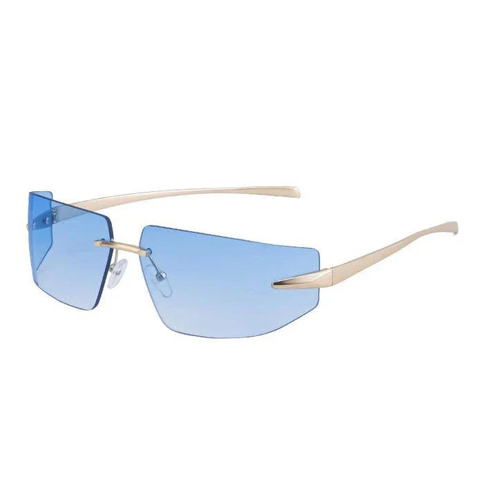 Elegant rimless rectangular sunglasses with a sleek, minimalist design and contemporary silhouette