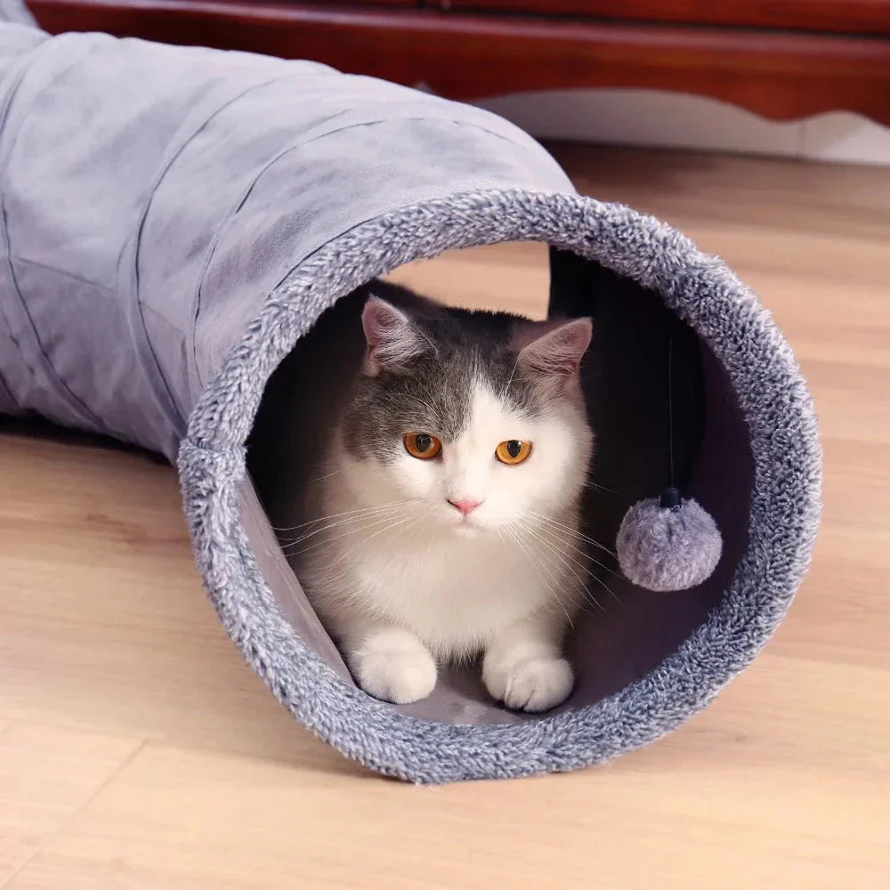 Grey foldable cat play tunnel with crinkle sounds, peek-a-boo holes, and a hanging ball toy for interactive playtime