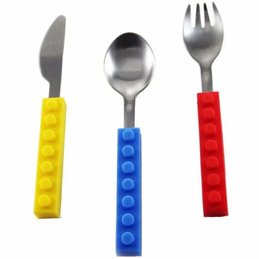 A colourful cutlery set with a decorative brick pattern, made of durable metal and featuring a knife, fork, and spoon.