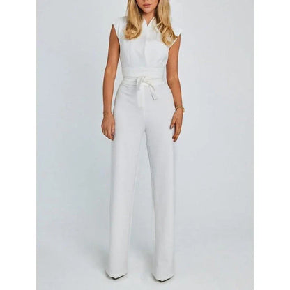 Elegant V-Neck Sleeveless Wide-Leg Jumpsuit in Khaki, a premium British fashion piece with a sophisticated design and versatile style.
