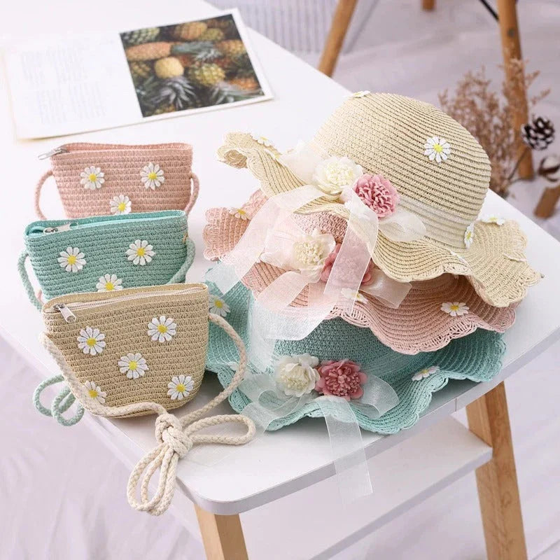 Charming kids' sun hat and handbag set with a daisy print design, offering sun protection and style for outdoor adventures.