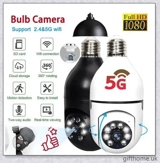 5G Wi-Fi smart home surveillance bulb camera with 360-degree coverage, night vision, and remote monitoring capabilities