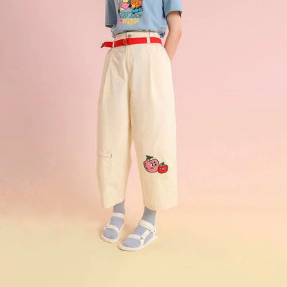 Women's high-waist cotton capri trousers with embroidered fruit designs in a relaxed straight-leg fit