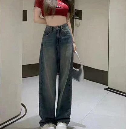Premium high-waisted wide-leg straight jeans in classic blue denim