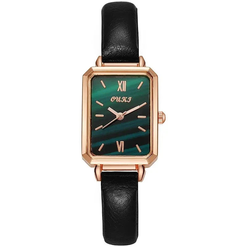 Refined square dial ladies watch with genuine leather strap, minimalist design, and durable aluminium alloy case