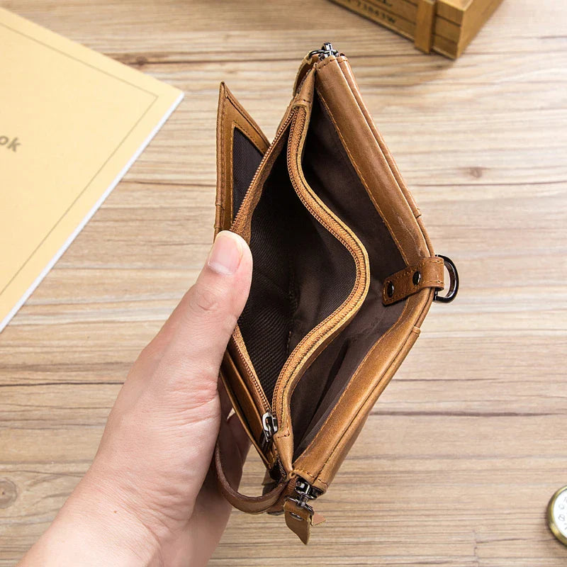 Premium genuine leather men's tri-fold wallet with vintage-inspired zipper closure and classic colour options