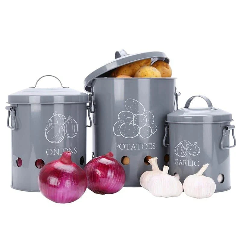Premium metal storage containers with perforated sides for ventilation and built-in handles for easy transport