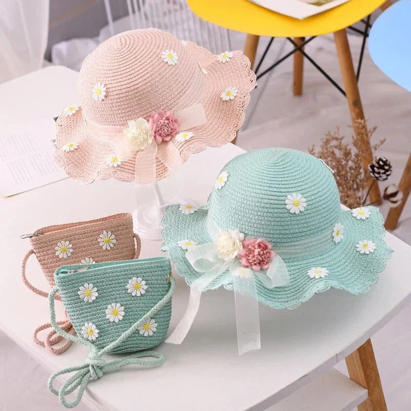 Charming kids' sun hat and handbag set with a daisy print design, offering sun protection and style for outdoor adventures.