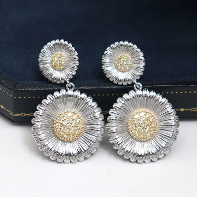Long Small Daisy Stud Earrings in two-tone design for fashionable British women