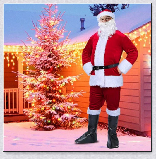Premium Santa Claus costume with velvet jacket, faux fur-trimmed trousers, and complete accessories for an authentic holiday look