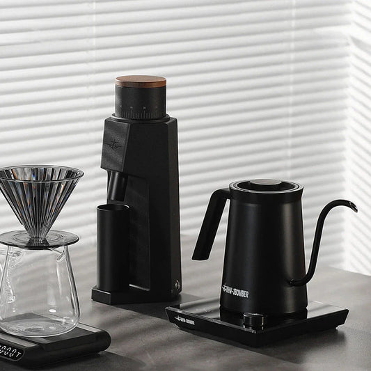 A stainless steel electric gooseneck kettle with precise temperature control and an elegant design, perfect for hand-brewing coffee at home.