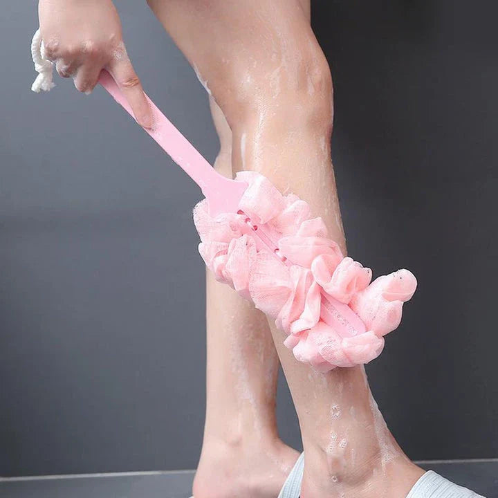 Long-handled soft mesh bath and shower brush with wave-shaped design for easy reach and gentle exfoliation