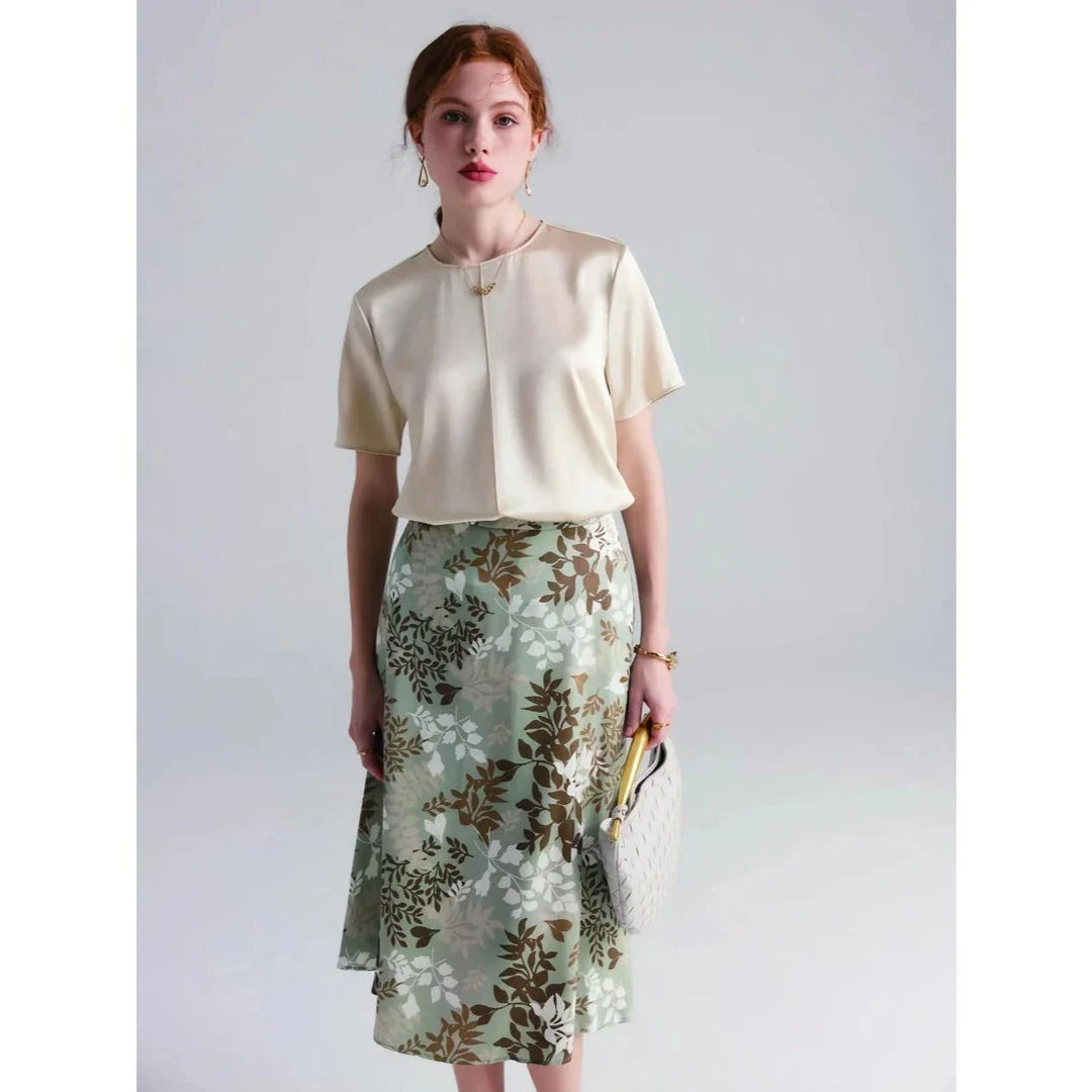 Elegant women's summer tee made of premium mulberry silk with classic O-neck design and short sleeves