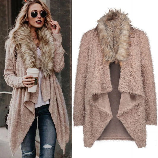 Premium plush trench coat with luxurious fur collar in khaki colour, perfect for transitional British weather