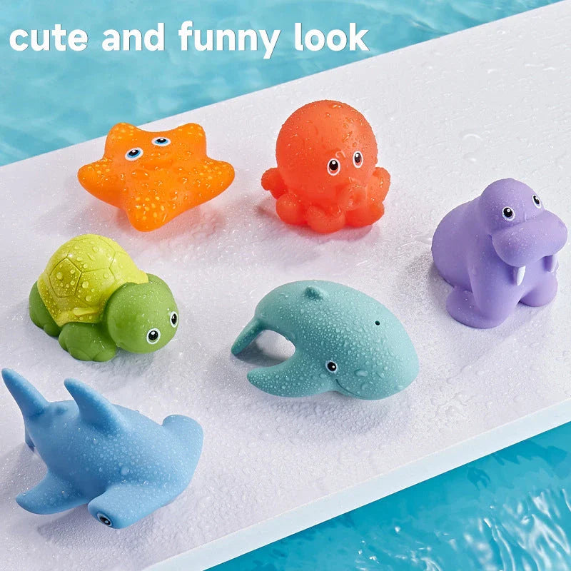 A set of colourful, floating bath toys including a fishing pole and net for interactive play