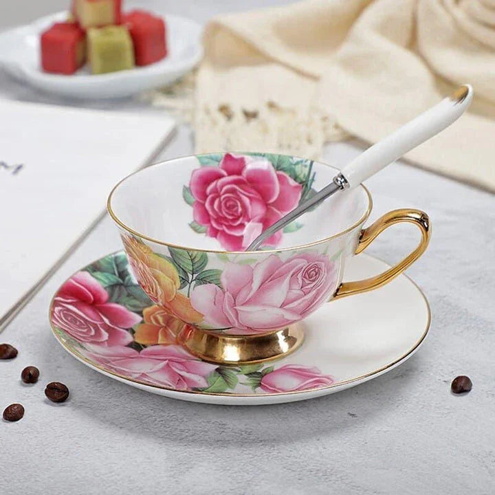 Charming floral porcelain tea set with cup, saucer, and spoon in a variety of delicate colour options