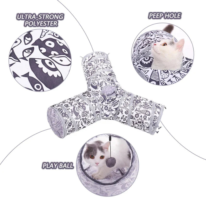 Foldable interactive pet tunnel made of durable polyester in black and white, designed for cats, rabbits, and other small animals to explore and play