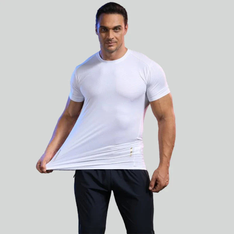 Men's summer sports t-shirt in black, white, grey, navy, and lake blue colours with quick-drying, breathable, and UV-protective features