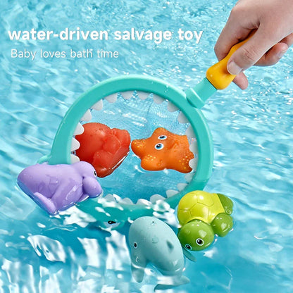 A set of colourful, floating bath toys including a fishing pole and net for interactive play