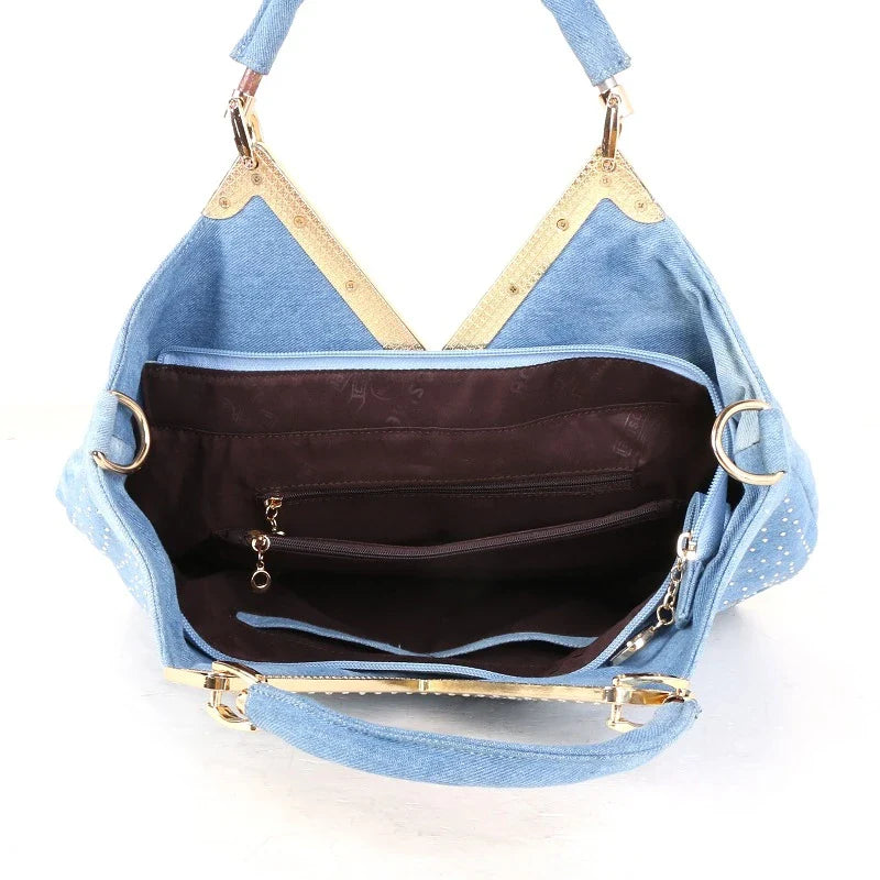Light blue denim crossbody bag with sparkling diamond-inspired detailing from Trendha