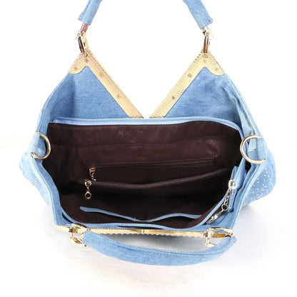 Light blue denim crossbody bag with sparkling diamond-inspired detailing from Trendha