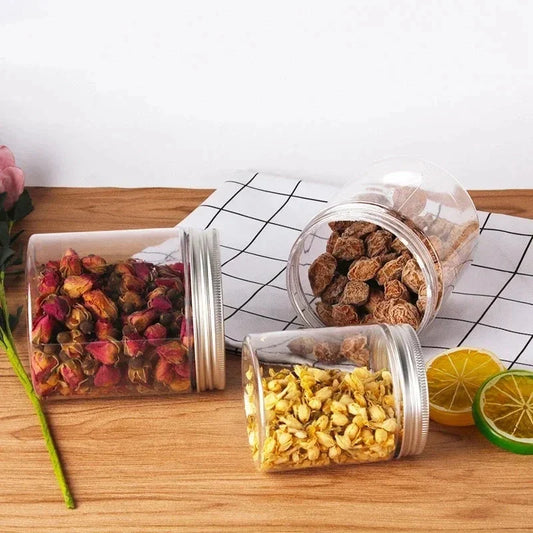 Premium 10-piece set of clear plastic storage jars with aluminium lids for organising cosmetics, food, and household items