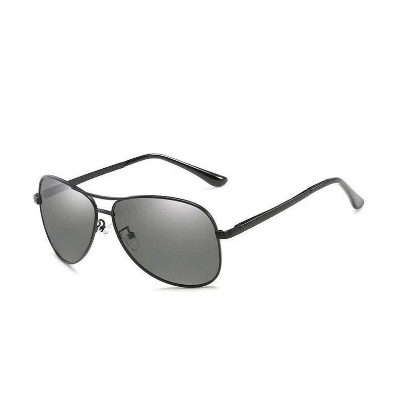 Photochromic Pilot Sunglasses with silver lenses that adjust tint based on light conditions