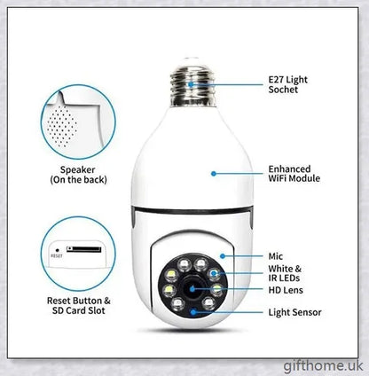 5G Wi-Fi smart home surveillance bulb camera with 360-degree coverage, night vision, and remote monitoring capabilities