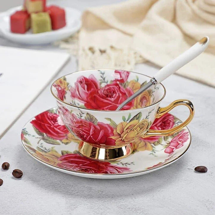 Charming floral porcelain tea set with cup, saucer, and spoon in a variety of delicate colour options