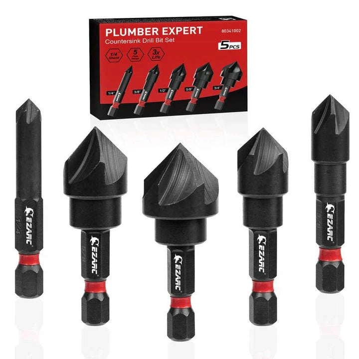 5-piece high-speed steel countersink drill bit set in black and red, featuring 1/4" to 3/4" bit sizes and a 1/4" hex shank for power tool compatibility