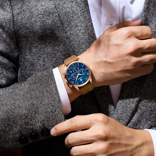 Premium Quartz Chronograph Sports Watch with stainless steel case, luminous hands, and adjustable leather strap