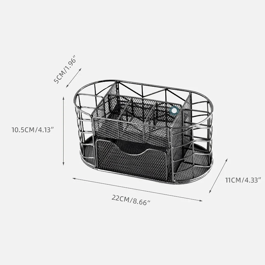 Premium metal mesh desktop organiser with multiple compartments and a sleek, modern design