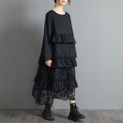 Plus size black lace dress with long sleeves and a loose, relaxed fit for a timeless and sophisticated look