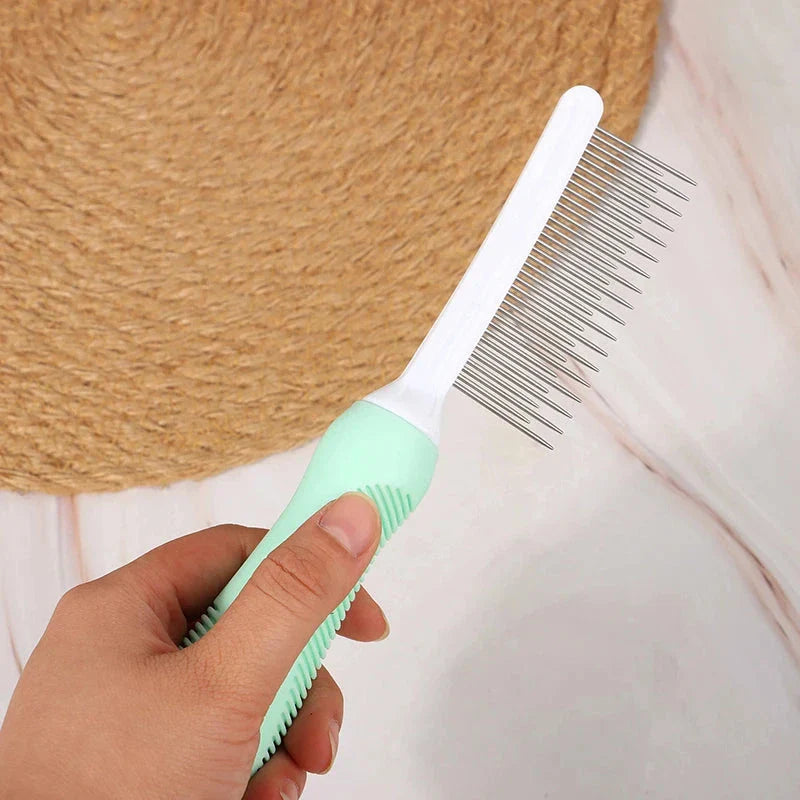 Premium pet grooming comb with dual-pronged stainless steel teeth for deep, gentle fur and debris removal