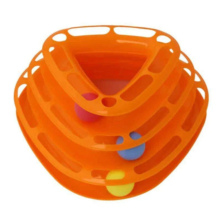 A yellow cat pyramid toy with colourful balls that encourages natural play and exploration for feline friends