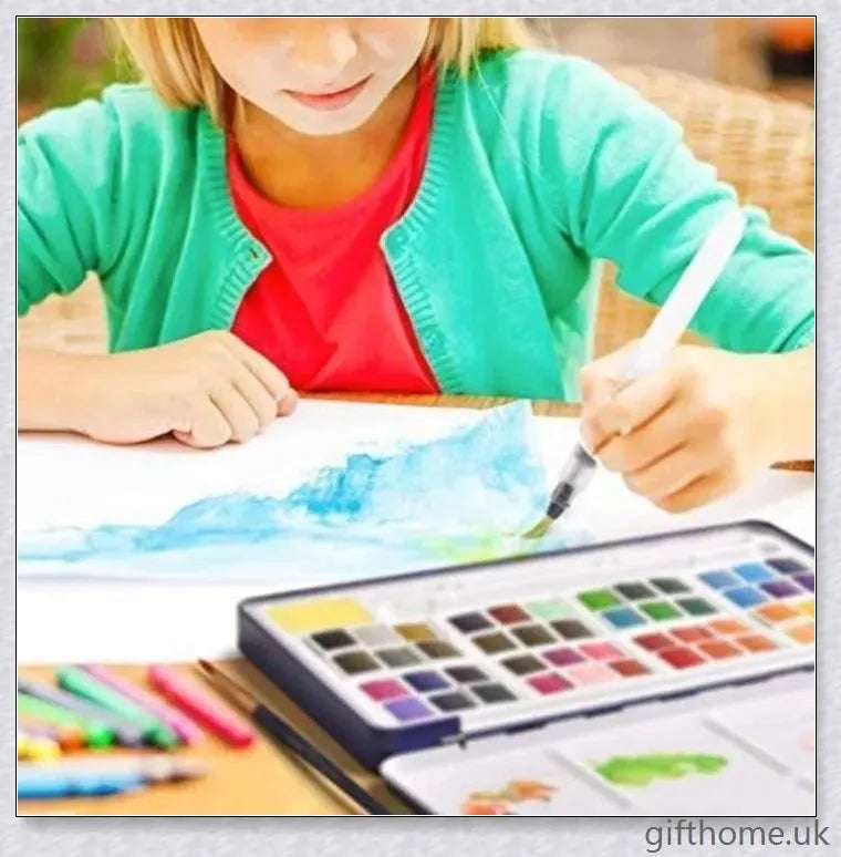 A set of vibrant watercolour paints with a glittering, iridescent effect, including brushes, a palette, and paper for a complete painting experience.