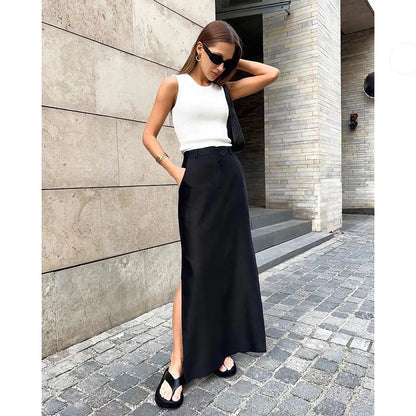 Elegant black ankle-length A-line skirt with pockets, made of high-quality polyester, spandex, and viscose blend fabric