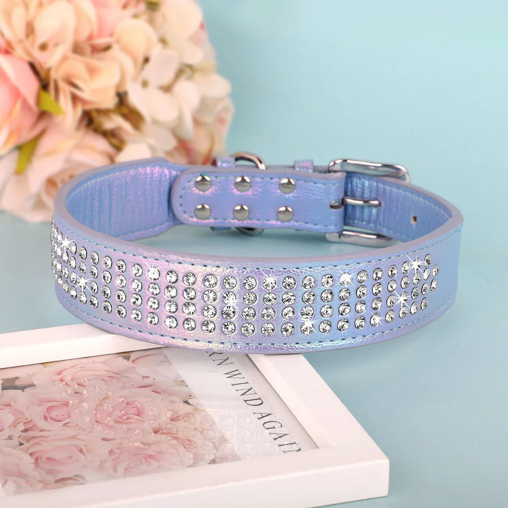 Dazzling rhinestone dog collar made from premium PU leather, available in multiple sizes and colours for medium and large dogs