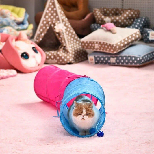 Colourful tunnel toy for cats with two bouncing balls, made from premium nylon and polyester materials