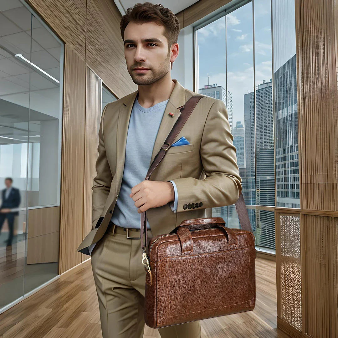 Men's genuine leather briefcase in dark coffee colour, featuring a spacious interior and adjustable shoulder strap for versatile carrying