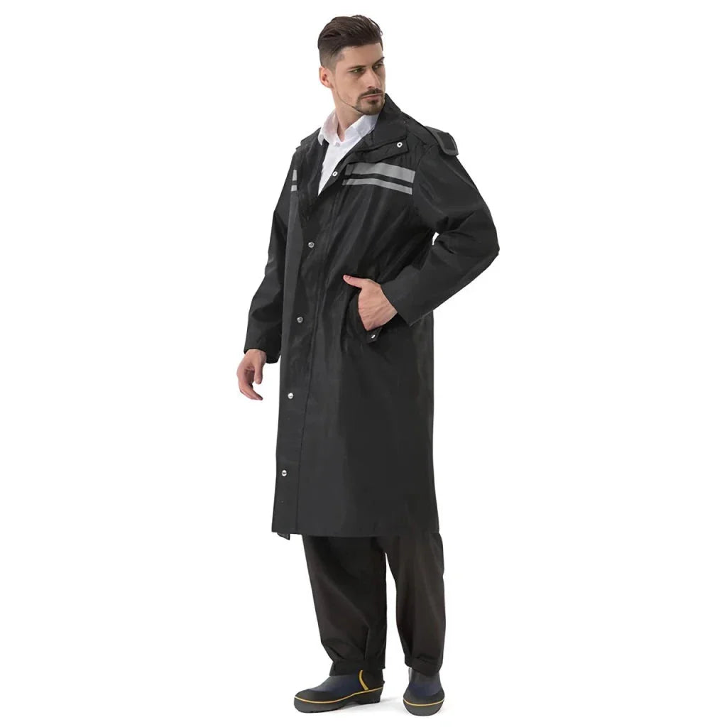 Men's long waterproof raincoat in black, made from premium Oxford cloth with a thick lining for warmth and protection against rain and wind.